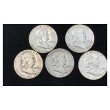(5) Silver Franklin Half Dollars
