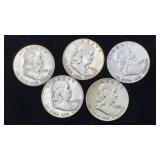 (5) Silver Franklin Half Dollars