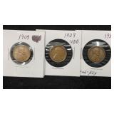 (3) Lincoln Cents: 1909, 1909 VDB, 1934-D