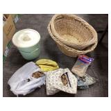 Wicker Baskets, Bucket, And Clothespins