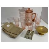 Pink Glassware Set, Gold Bowl, and Napkins