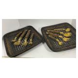 Brass and Wood Utensils in Woven Trays