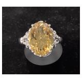 925 Silver Ring with Yellow Oval Stone, Size 8