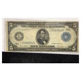 Currency 1914 $5 Blue Seal Federal Reserve Large
