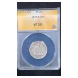1875-S ANACS VF 20 Silver Seated Liberty Quarter