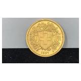 GOLD 1897-B Switzerland 20 Francs Gold Coin,