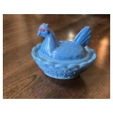 Blue Milk Glass Hen on Nest Dish