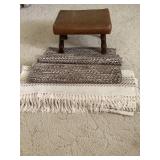 Two Woven Rugs and a Small Wooden Stool