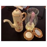 Porcelain Coffee Pot, Glass Candle Holder, and Mir