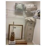 Group Lot: Filing Cabinet, Hoover Vacuum, Frames,