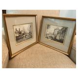 Framed Architectural Watercolor Prints, Set of 2