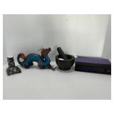 Lot: Book, Dragon, Marble, Mortar, and Pestle