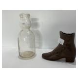 Glass Dairy Bottle and Cast Iron Boot Form