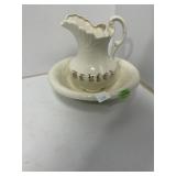 White Ceramic Pitcher and Basin Set with Gilded In