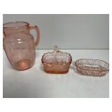 Three Pink Depression Glass Tableware Pieces