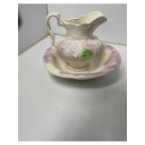 White Ceramic Pitcher and Bowl Set with Pink Detai