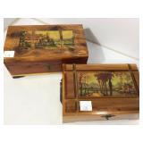 Two Cedar Jewelry Boxes with Scenic Inlays