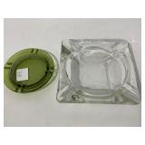Two Glass Ashtrays: Clear and Green Designs