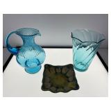 Two Blue Glass Vessels and Signed Ceramic Dish