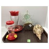 Decorative Items Including Birdfeeders and Shell