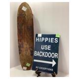 22-Inch Vintage Wooden Skateboard and Metal Sign