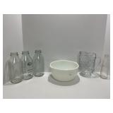 Glass Milk Bottles, Pitcher, and Bowl