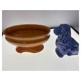 Two Glazed Ceramic Items: Blue Dog Figurine and Br