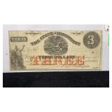 Currency 1864 $3 State of Mississippi Note,