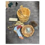 Rustic Garden Dï¿½cor Lot with Wood Bucket and Figur