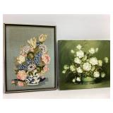 Floral Oil Painting and Framed Crewel Embroidery