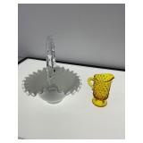 Fenton Glass Ruffled Basket and Amber Hobnail Pitc