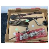 Box Lot of Tools with Plane, Bolt Cutter, and Brac