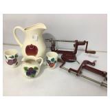Ceramic Pitcher, Cups, and Apple Peelers Lot