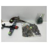 Lot: Toy Airplane, Replica Pistol, and Small Figur