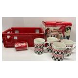 Red Coca Cola crate, 4 mugs and snack plates and