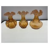 Three Amber Glass Vases with Ruffled Rims