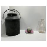 Metal Milk Can, Glass Bottle, and Floral Teacup Se