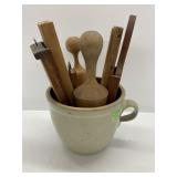 Wooden Utensils and Stoneware Bowl
