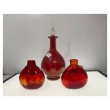 Three Red Glass Vessels, Including Decanter