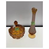 Amber Glass Lidded Dish and Bud Vase
