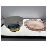 Thomas Kinkade Bowl and Pink Frosted Glass Dish