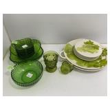 Green Pressed Glassware and Ceramic Dish Set
