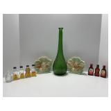 Green Glass Vase, Ceramic Planters, and Miniature