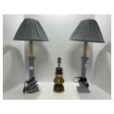 Blue Column Table Lamps and Brass Lamp Base