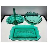 Three Teal Pressed Glass Decorative Pieces