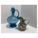 Blue Glass Decanter and Hand-Painted Ceramic Pitch