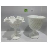 Two White Milk Glass Compotes, Hobnail and Ruffled