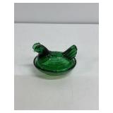 Green Glass Hen-on-Nest Covered Dish,3 in