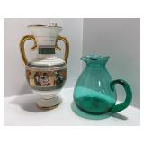 Decorative Two-Handled Vase and Green Glass Pitche