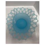 Blue Frosted Glass Bowl With Reticulated Rim